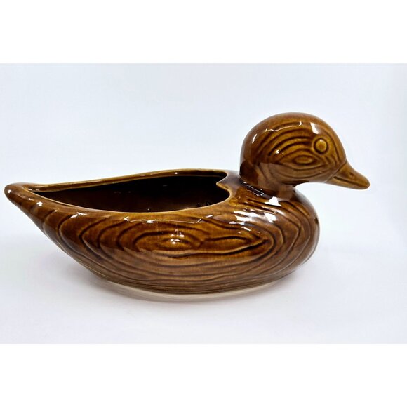 Vintage Ceramic Duck Planter Vase Brown Glaze Pottery - Picture 2 of 8